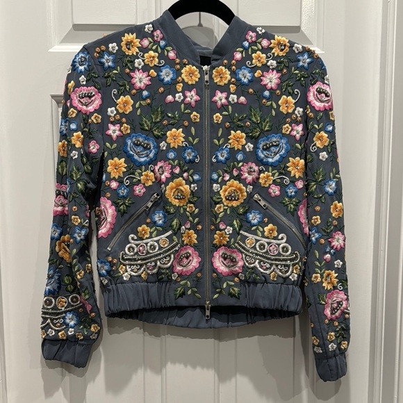 Needle & Thread Floral Embroidered Bomber Jacket grey bead - Picture 1 of 10